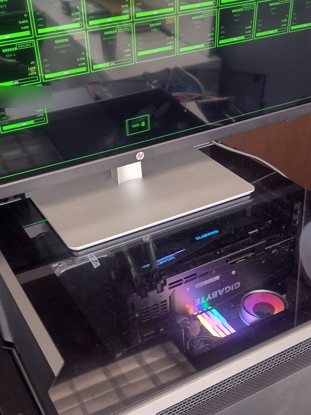 The Ubuntu GPU server, with the tape library view on screen