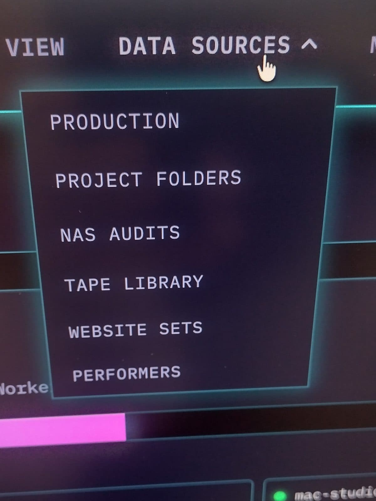 The search app with its data sources open: production, project folders, NAS audits and the tape library