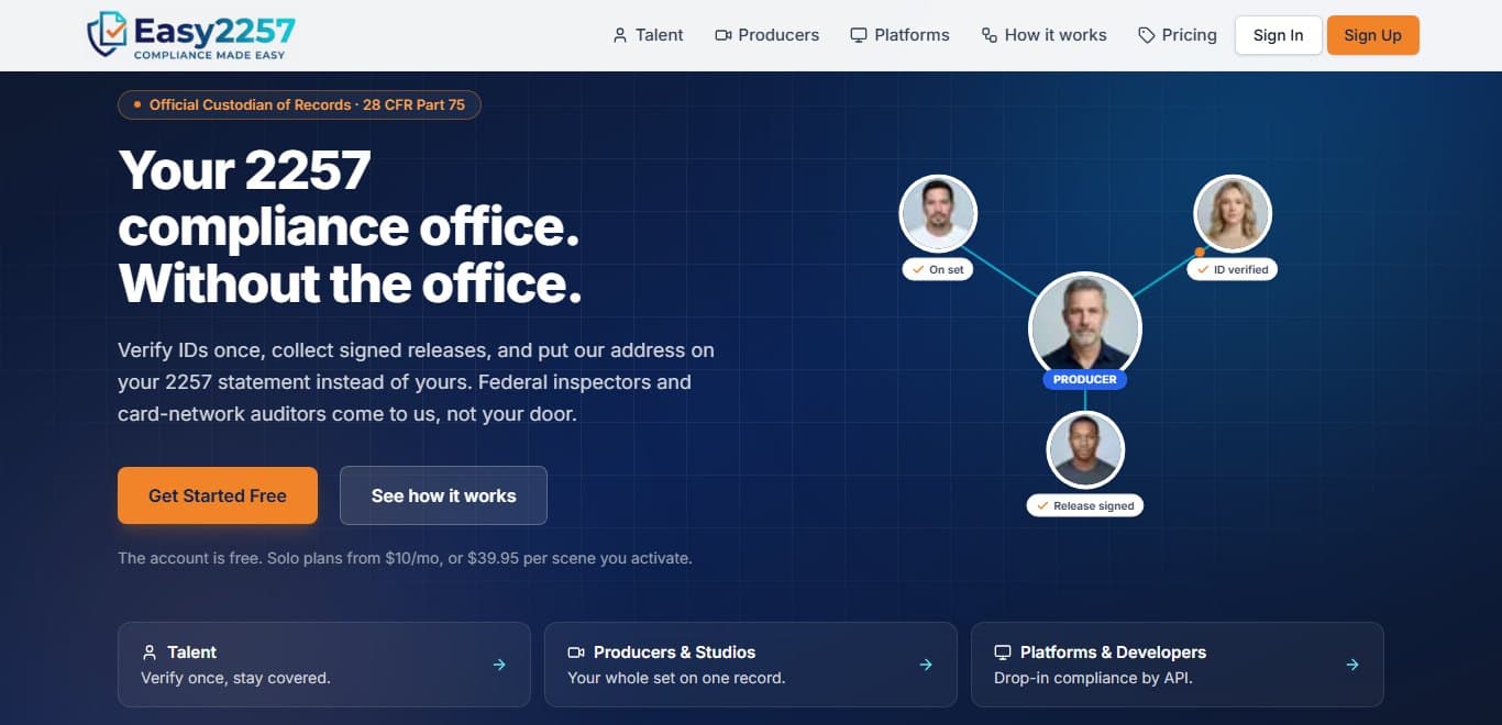 The Easy2257 homepage, a compliance records platform