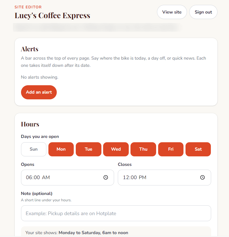 Her site editor: alerts across the top of every page, and her business hours