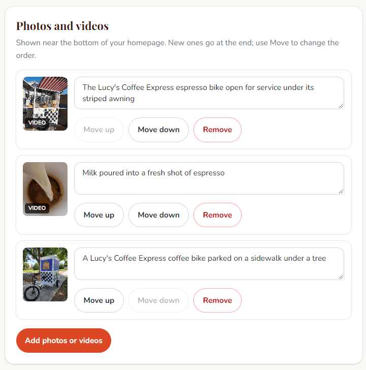 Photos and videos in her site editor, with captions and a set order