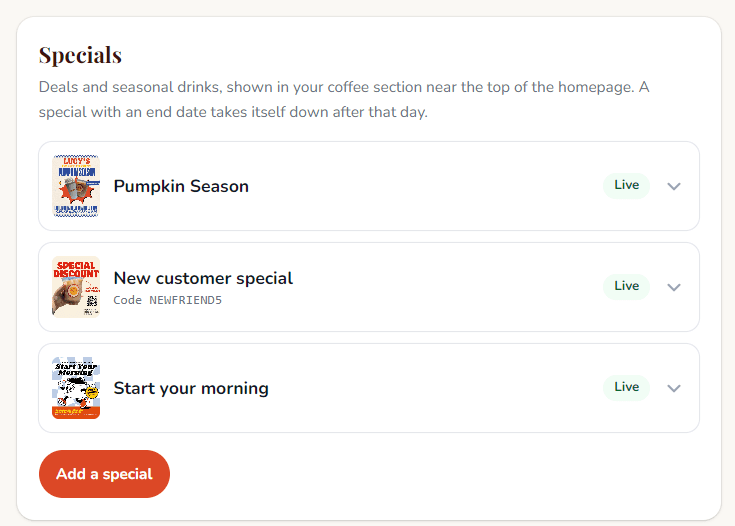 Specials in her site editor, each one live until its end date