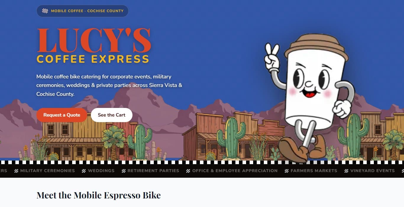 The Lucy's Coffee Express homepage, a retro diner on three wheels
