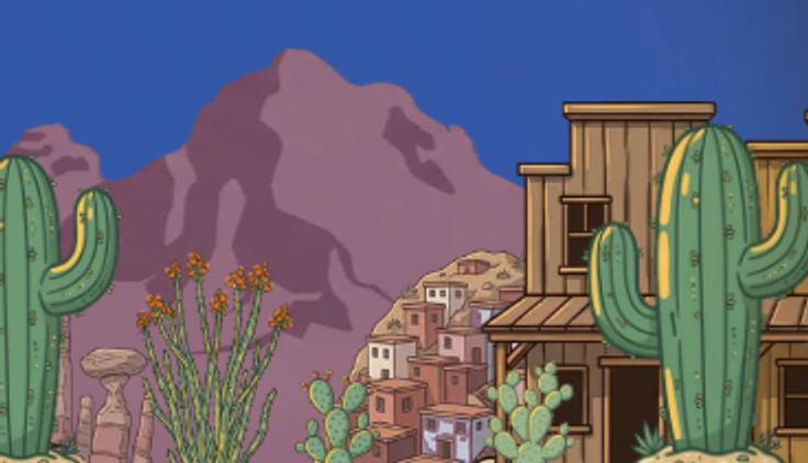 Detail of the Lucy's Coffee Express hero illustration: an old-west wooden storefront, stacked hillside houses, and cactus in front of a purple mountain